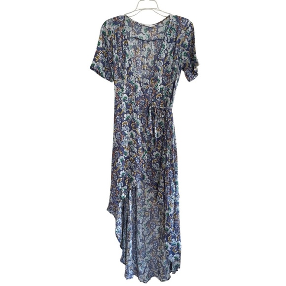 ASTR Floral Blue Wrap Dress Short Sleeve Hi-Low Lined XS - Picture 1 of 9